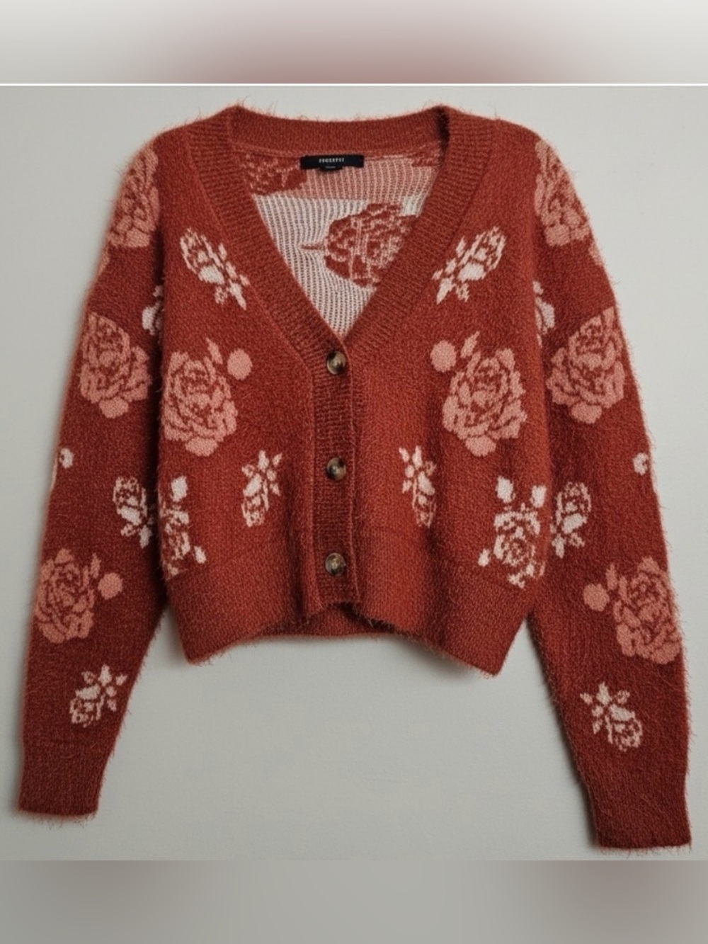 Floral Button-Front Cardigan cropped Sweater in Rust size small relaxed fit